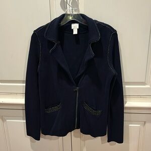 Chicos Zip Front Collared Sweater Jacket with Embellished Pockets and Trim